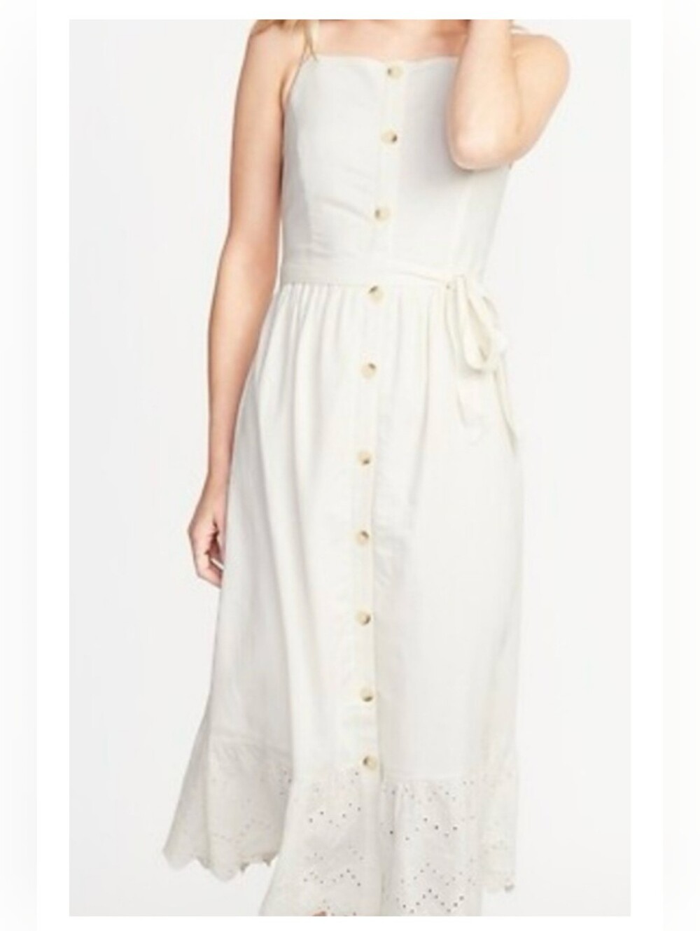 Old Navy M Linen Eyelet Button-Front Cream Midi Dress 4039- - Picture 2 of 7